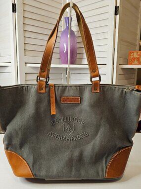 Le Papillon B. The Change, XL, Gray Tote Bag, Brown Leather Accents, Like New